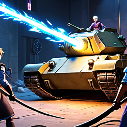 **

A group of Blue Archive students (a Tank, Attacker, and Support) facing a large, menacing enemy. Focus on the interplay of skills: maybe the Tank is glowing with a defense buff, the Attacker is charging up for a critical hit, and the Support is casting a healing spell. The scene is dynamic, showing the team working together. The overall style should be vibrant and anime-inspired.

**