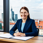 **

"A professional businesswoman in a modest, dark blue business suit, sitting at a large wooden desk in a bright, modern office in Warsaw, Poland.  Behind her is a large window with a view of the city skyline.  She is smiling slightly and looking directly at the viewer.  Fully clothed, appropriate attire, safe for work, perfect anatomy, natural proportions, professional photography, high quality, family-friendly."

**