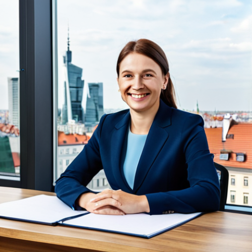 Home 6 **
"A professional businesswoman in a modest, dark blue business suit, sitting at a large wooden desk in a bright, modern office in Warsaw, Poland. Behind her is a large window with a view of the city skyline. She is smiling slightly and looking directly at the viewer. Fully clothed, appropriate attire, safe for work, perfect anatomy, natural proportions, professional photography, high quality, family-friendly."
**