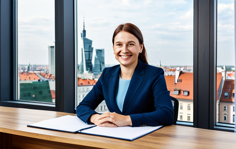 **
"A professional businesswoman in a modest, dark blue business suit, sitting at a large wooden desk in a bright, modern office in Warsaw, Poland. Behind her is a large window with a view of the city skyline. She is smiling slightly and looking directly at the viewer. Fully clothed, appropriate attire, safe for work, perfect anatomy, natural proportions, professional photography, high quality, family-friendly."
**